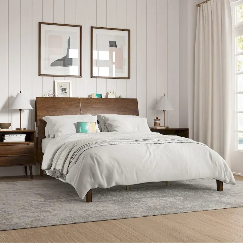 Claus Mid-Century Modern Solid Wood Platform Bed with USB Ports and Storage Space by HULALA HOME