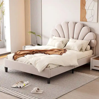 Full Size Upholstered Platform Bed with Flower Headboard