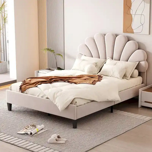 Full Size Upholstered Platform Bed with Flower Headboard