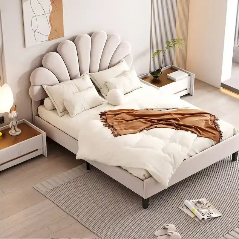 Full Size Upholstered Platform Bed with Flower Headboard