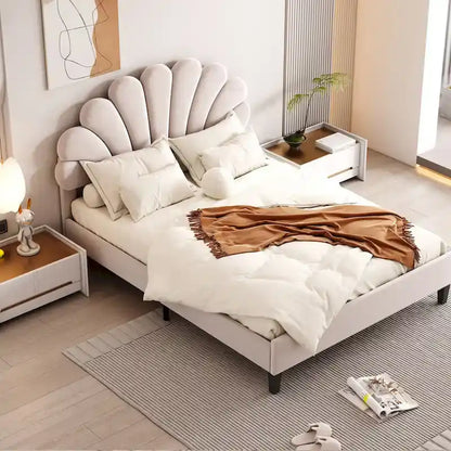 Full Size Upholstered Platform Bed with Flower Headboard