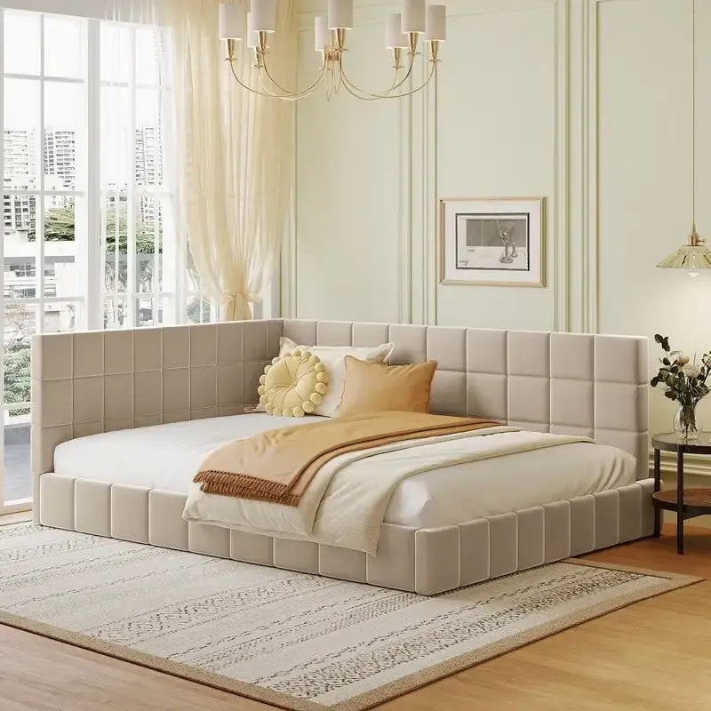 Full Size Upholstered Daybed/Sofa Bed with L-shaped Headboard