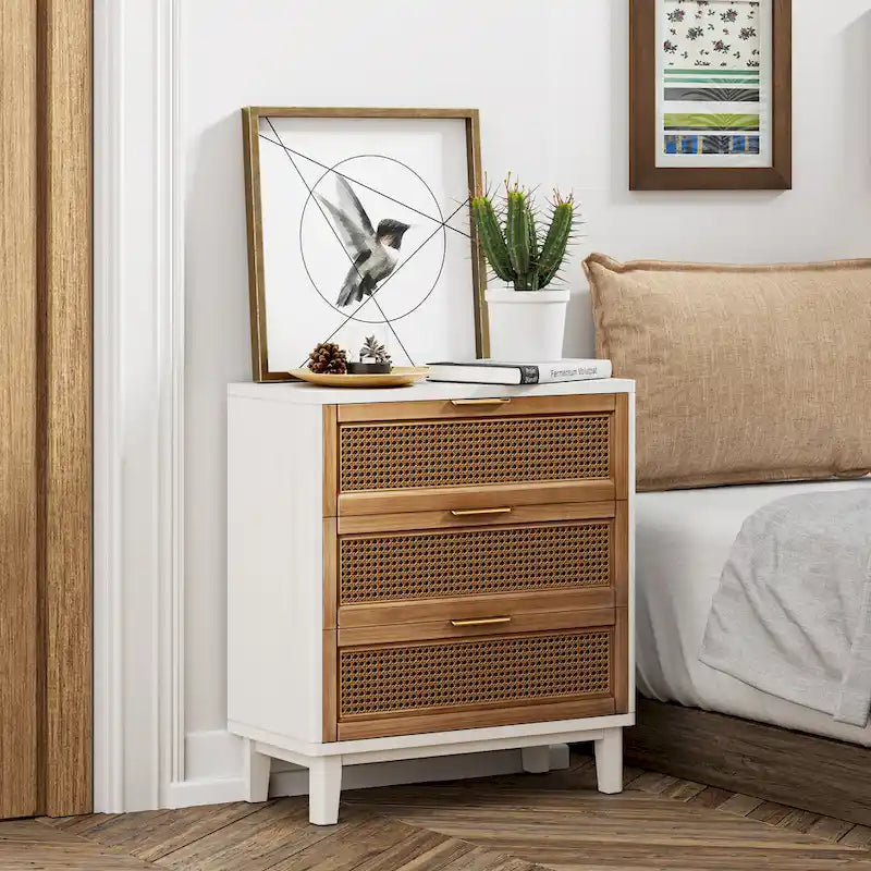 COZAYH Farmhouse 3-Drawer Nightstand, Rattan Cane Front Accent Dresser for Living Room, Bedroom