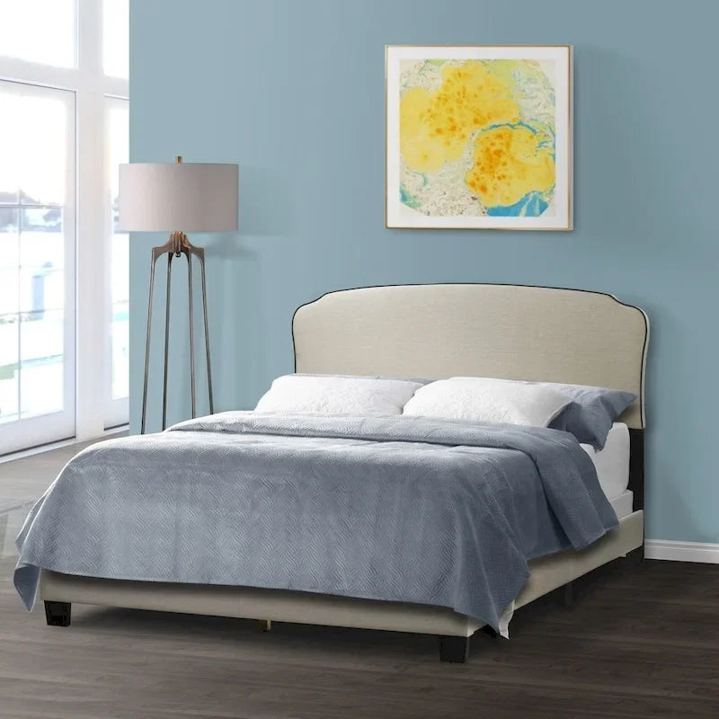 Aric Beige Fabric Queen Bed with Contrasting Piping Accent