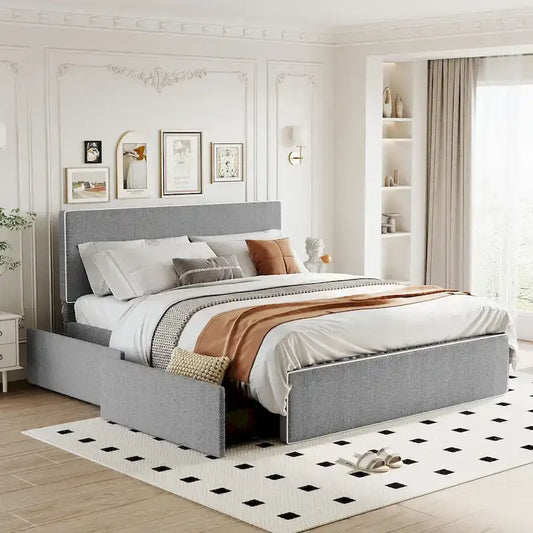 Queen Size Upholstered Platform Bed with 4 Drawers