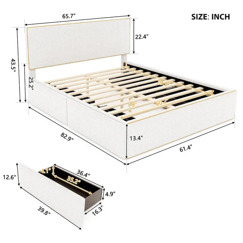 Queen Size Upholstered Platform Bed with 4 Drawers