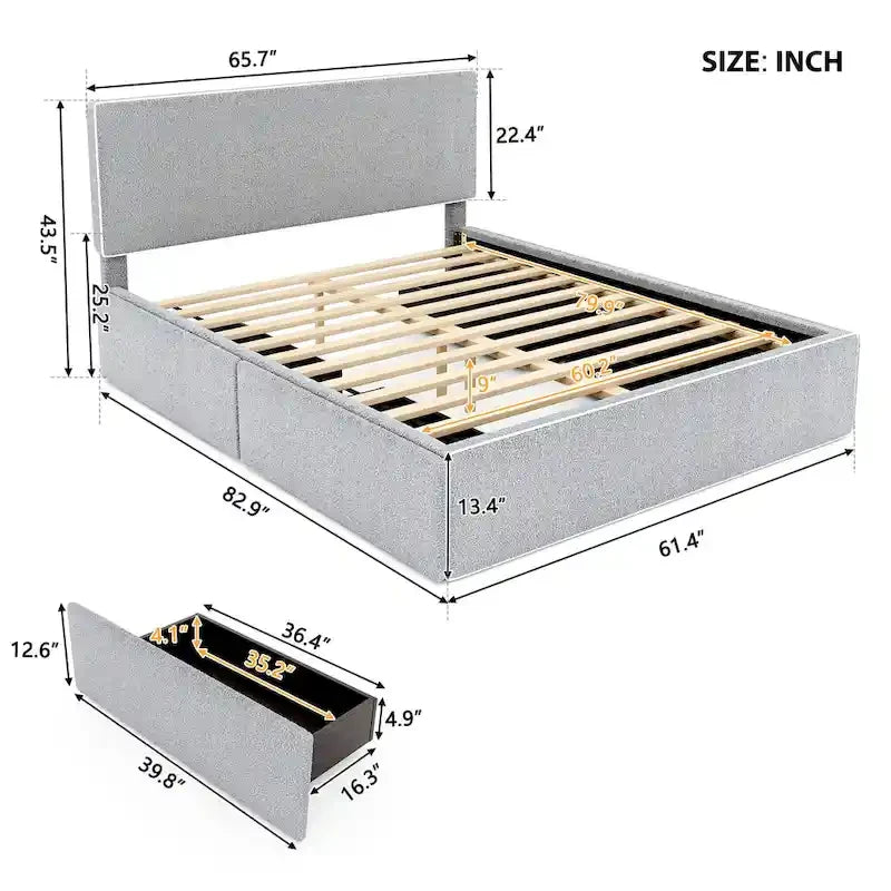 Queen Size Upholstered Platform Bed with 4 Drawers