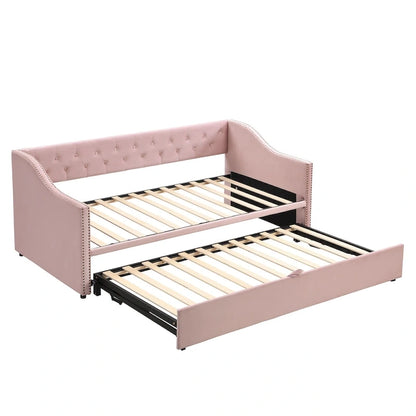 Twin Size Upholstered daybed with Pop Up Trundle, Beige