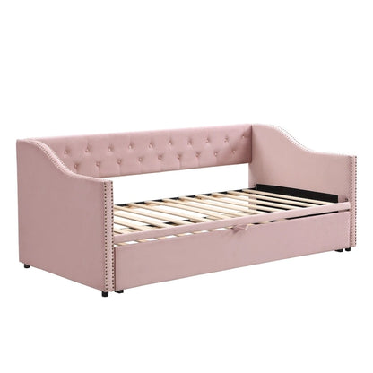 Twin Size Upholstered daybed with Pop Up Trundle, Beige