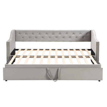 Twin Size Upholstered daybed with Pop Up Trundle, Beige