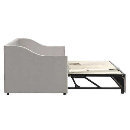 Twin Size Upholstered daybed with Pop Up Trundle, Beige