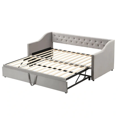 Twin Size Upholstered daybed with Pop Up Trundle, Beige