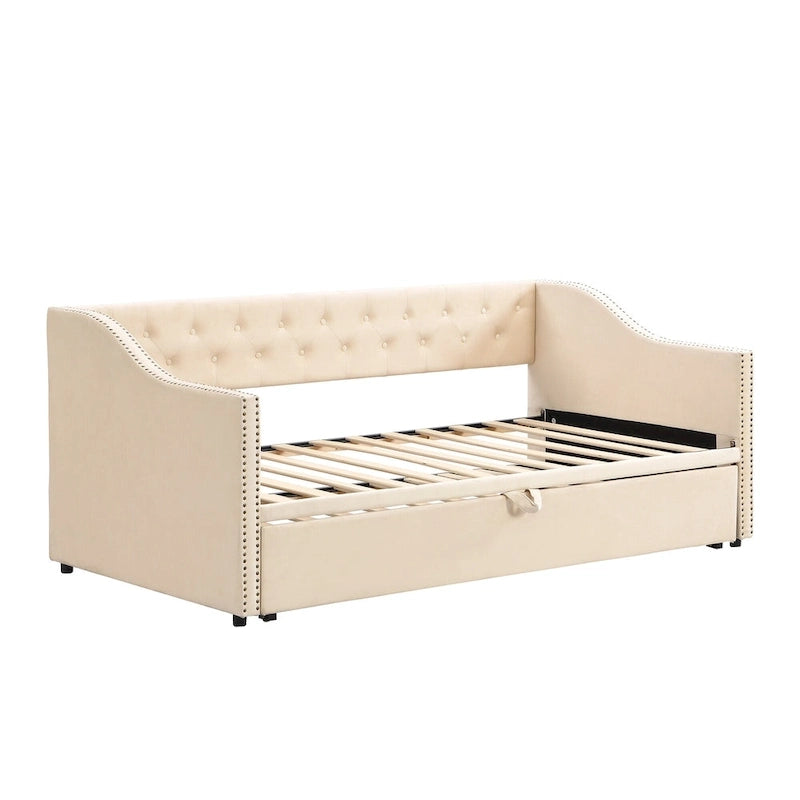 Twin Size Upholstered daybed with Pop Up Trundle, Beige