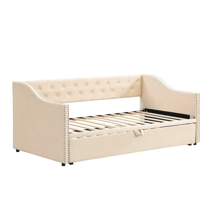 Twin Size Upholstered daybed with Pop Up Trundle, Beige