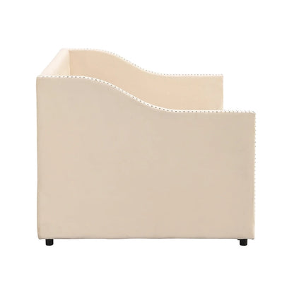 Twin Size Upholstered daybed with Pop Up Trundle, Beige