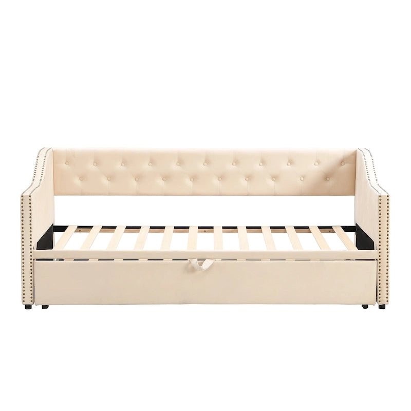 Twin Size Upholstered daybed with Pop Up Trundle, Beige