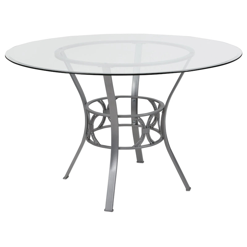 48 Round Glass Dining Table with Crescent Style Metal Frame - 48W x 48D x 29.5H - 48W x 48D x 29.5H