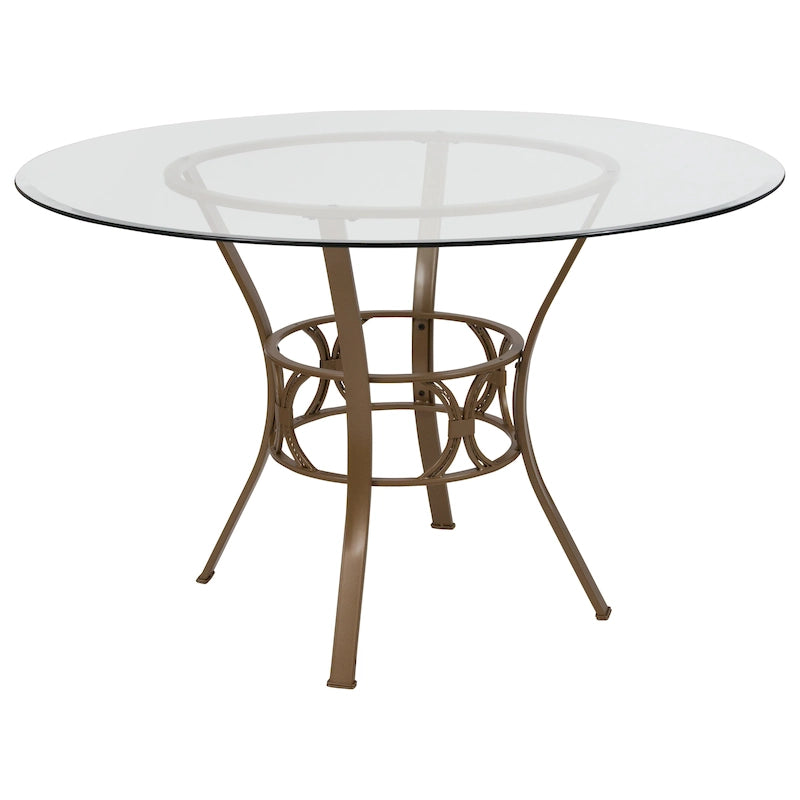 48 Round Glass Dining Table with Crescent Style Metal Frame - 48W x 48D x 29.5H - 48W x 48D x 29.5H