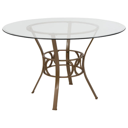 48 Round Glass Dining Table with Crescent Style Metal Frame - 48W x 48D x 29.5H - 48W x 48D x 29.5H