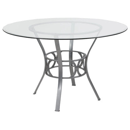 48 Round Glass Dining Table with Crescent Style Metal Frame - 48W x 48D x 29.5H - 48W x 48D x 29.5H