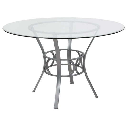 48 Round Glass Dining Table with Crescent Style Metal Frame - 48W x 48D x 29.5H - 48W x 48D x 29.5H