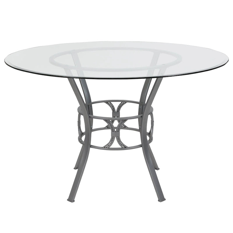48 Round Glass Dining Table with Crescent Style Metal Frame - 48W x 48D x 29.5H - 48W x 48D x 29.5H