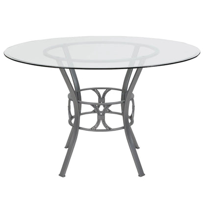 48 Round Glass Dining Table with Crescent Style Metal Frame - 48W x 48D x 29.5H - 48W x 48D x 29.5H