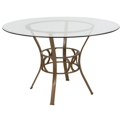 48 Round Glass Dining Table with Crescent Style Metal Frame - 48W x 48D x 29.5H - 48W x 48D x 29.5H