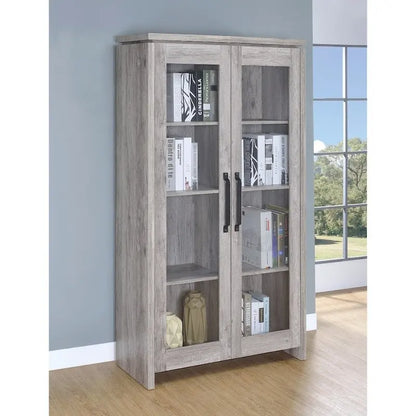 Spacious Wooden Curio Cabinet With Two Glass Doors, Gray