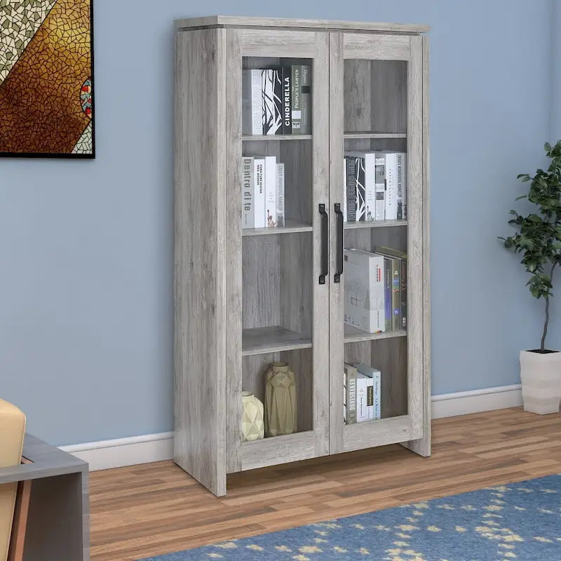 Spacious Wooden Curio Cabinet With Two Glass Doors, Gray