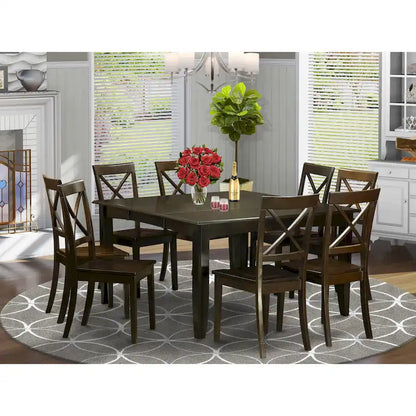 East West Furniture Dining Table Set Includes a Square Wooden Table with Butterfly Leaf and 8 Kitchen Dining Chairs, Cappuccino