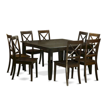 East West Furniture Dining Table Set Includes a Square Wooden Table with Butterfly Leaf and 8 Kitchen Dining Chairs, Cappuccino