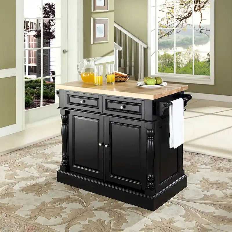 Crosley Oxford Butcher Block Top Kitchen Island in Black Finish - 23d x 47.75w x 35.75h