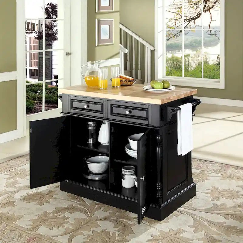 Crosley Oxford Butcher Block Top Kitchen Island in Black Finish - 23d x 47.75w x 35.75h