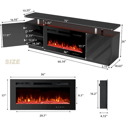 EROMMY 70 Fireplace TV Stand with 36 Electric Fireplace, TV Console for TVs up to 80 for Living Room, Black - 36