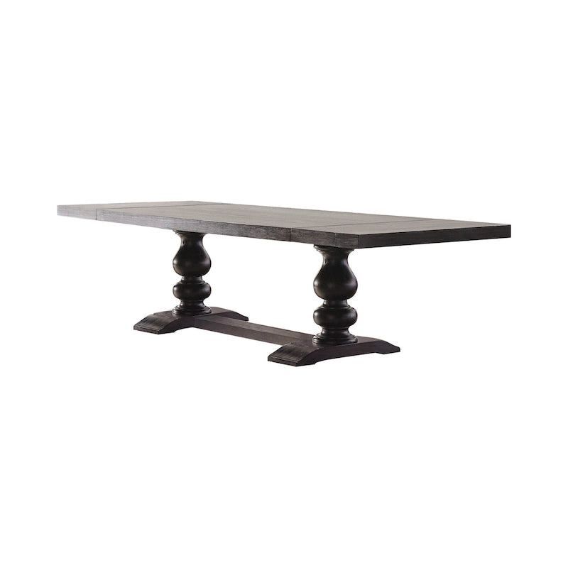 95-123 Inch Dining Table, 2 Extension Leaves, Turned, Antique Black Wood