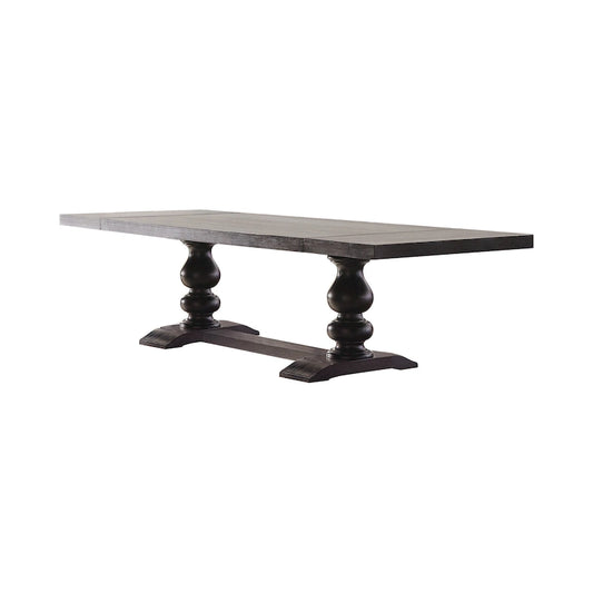 95-123 Inch Dining Table, 2 Extension Leaves, Turned, Antique Black Wood