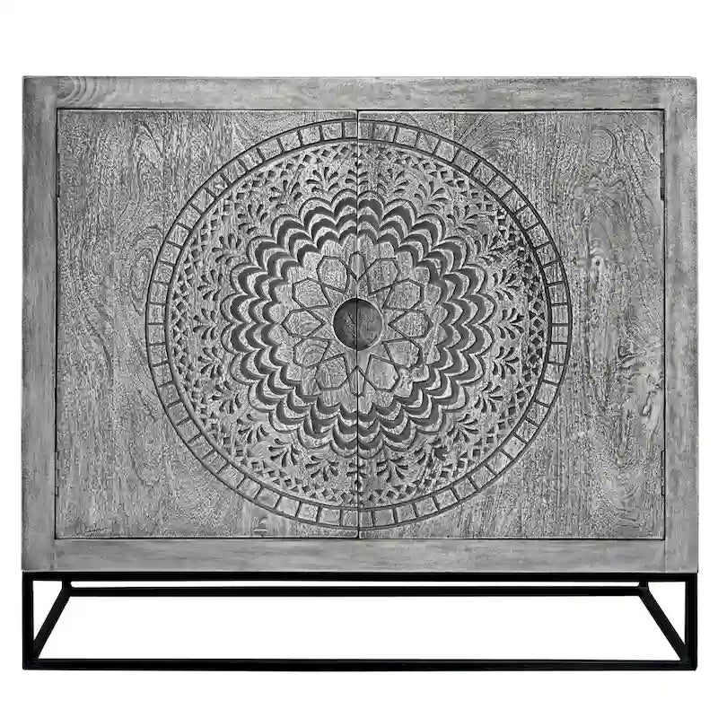 Zera 39 Inch Handcrafted Accent Cabinet with 2 Doors, Medallion Engraved, Sandblasted Gray Mango Wood, Black Iron Framed Stand