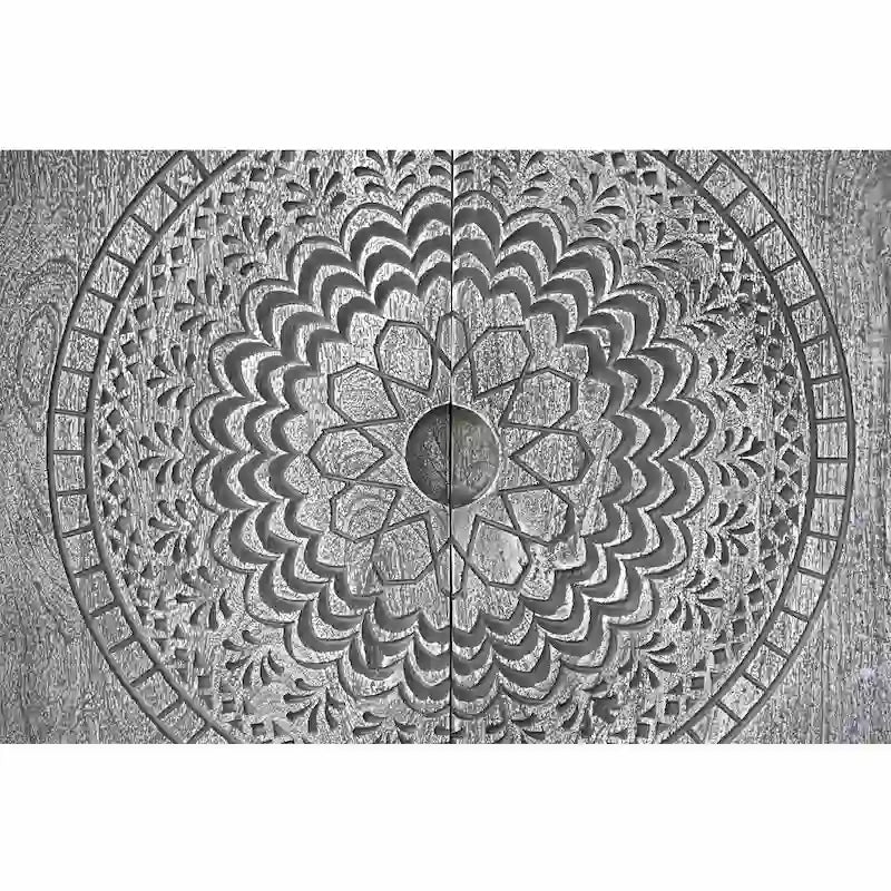 Zera 39 Inch Handcrafted Accent Cabinet with 2 Doors, Medallion Engraved, Sandblasted Gray Mango Wood, Black Iron Framed Stand