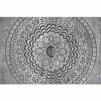 Zera 39 Inch Handcrafted Accent Cabinet with 2 Doors, Medallion Engraved, Sandblasted Gray Mango Wood, Black Iron Framed Stand