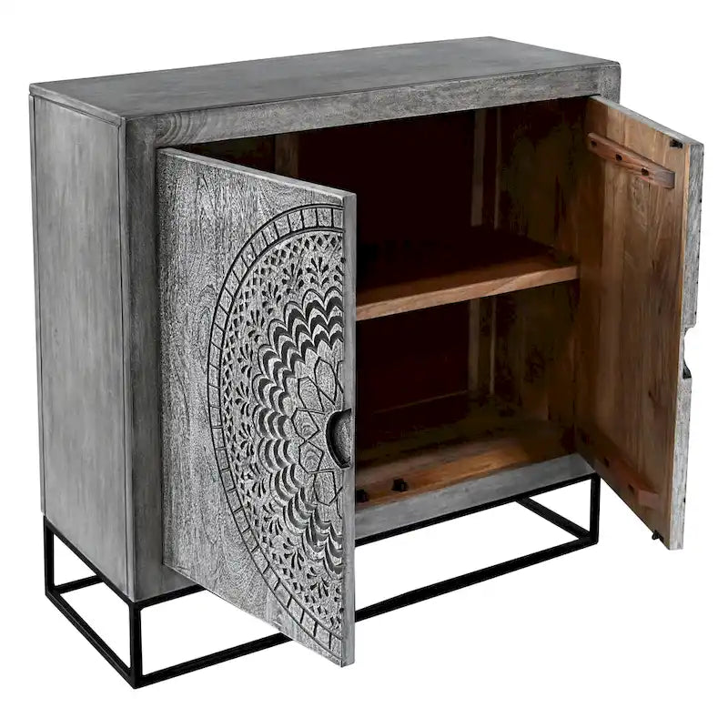 Zera 39 Inch Handcrafted Accent Cabinet with 2 Doors, Medallion Engraved, Sandblasted Gray Mango Wood, Black Iron Framed Stand