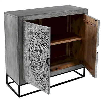 Zera 39 Inch Handcrafted Accent Cabinet with 2 Doors, Medallion Engraved, Sandblasted Gray Mango Wood, Black Iron Framed Stand