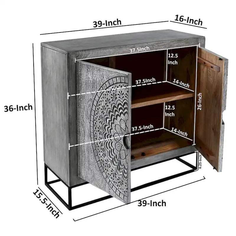 Zera 39 Inch Handcrafted Accent Cabinet with 2 Doors, Medallion Engraved, Sandblasted Gray Mango Wood, Black Iron Framed Stand