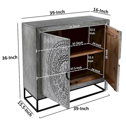 Zera 39 Inch Handcrafted Accent Cabinet with 2 Doors, Medallion Engraved, Sandblasted Gray Mango Wood, Black Iron Framed Stand