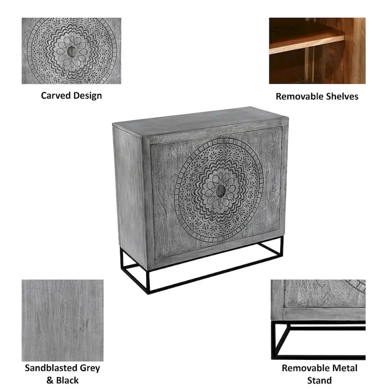 Zera 39 Inch Handcrafted Accent Cabinet with 2 Doors, Medallion Engraved, Sandblasted Gray Mango Wood, Black Iron Framed Stand