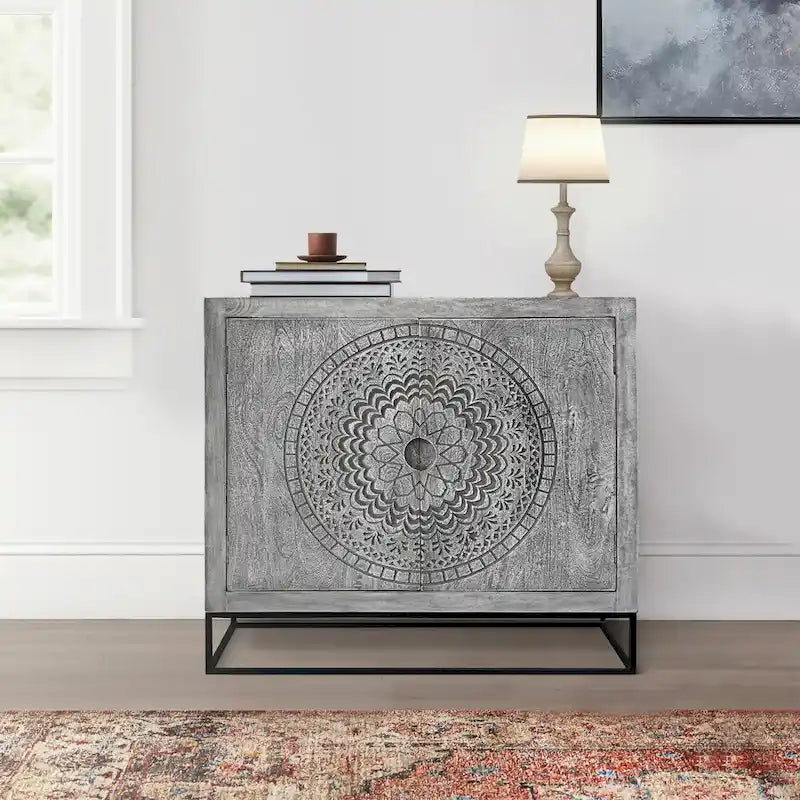 Zera 39 Inch Handcrafted Accent Cabinet with 2 Doors, Medallion Engraved, Sandblasted Gray Mango Wood, Black Iron Framed Stand