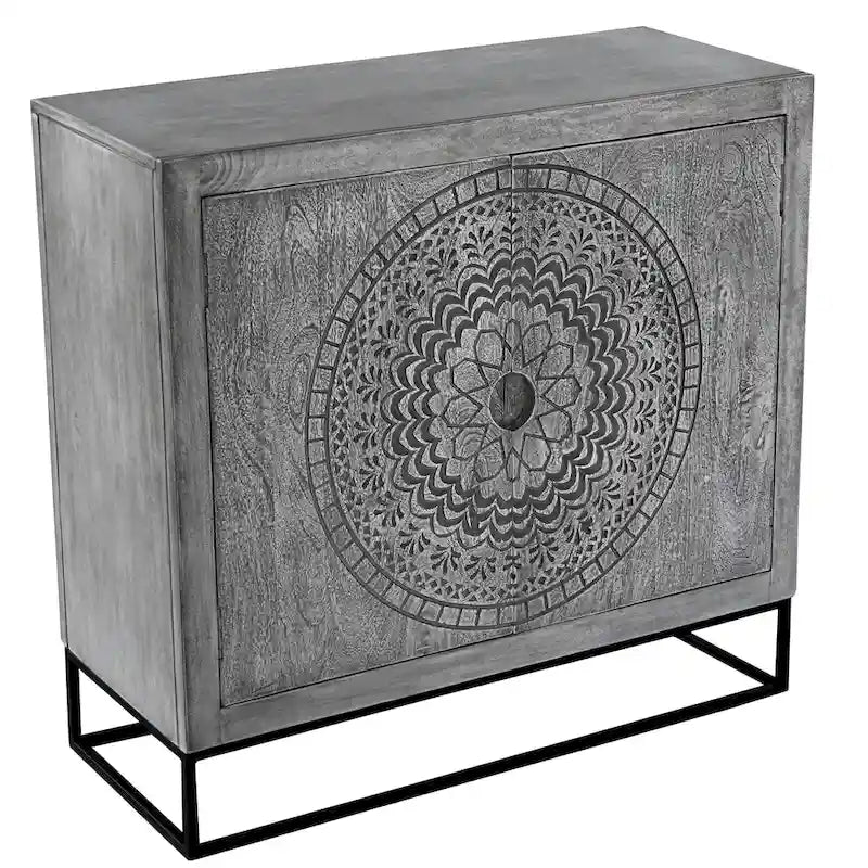 Zera 39 Inch Handcrafted Accent Cabinet with 2 Doors, Medallion Engraved, Sandblasted Gray Mango Wood, Black Iron Framed Stand