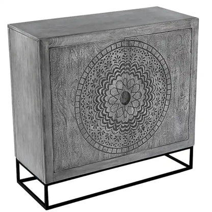 Zera 39 Inch Handcrafted Accent Cabinet with 2 Doors, Medallion Engraved, Sandblasted Gray Mango Wood, Black Iron Framed Stand