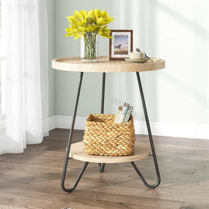2-Tier Round Side Table, Wooden End Table with Metal Legs