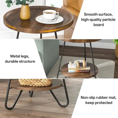 2-Tier Round Side Table, Wooden End Table with Metal Legs